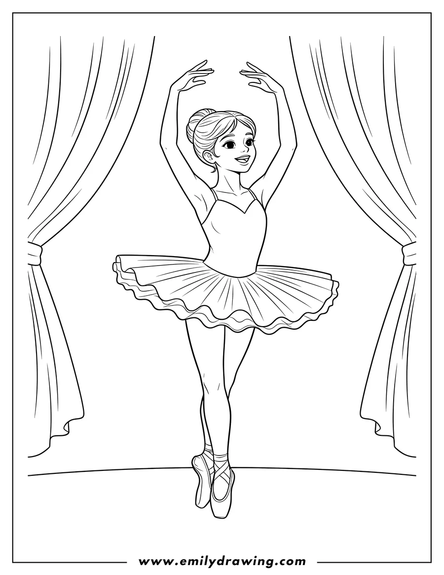 Printable line art of young Ballerina Posing Gracefully On Stage Dancing, smiling with a ballet bun and wearing a tutu and pointe shoes