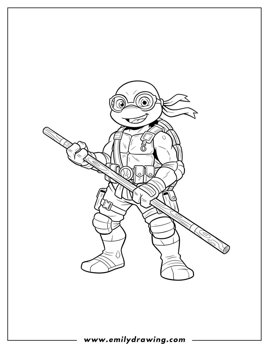 Coloring page for kids: young Donatello smiling, in glasses and tactical gear, holding a bo staff