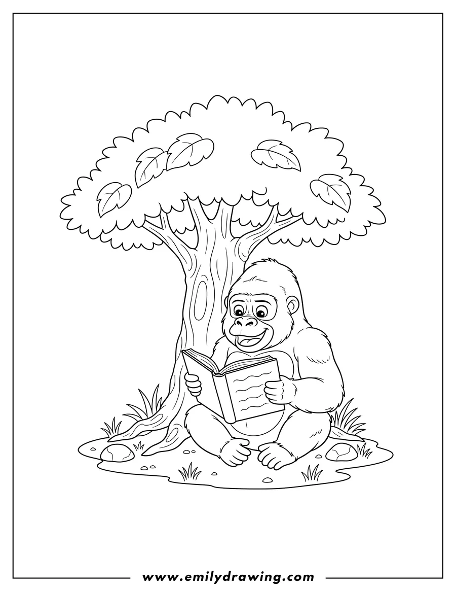 PDF style coloring page: [Scene]: Young Gorilla Sitting Under Tree, Smiling and Reading an Open Book