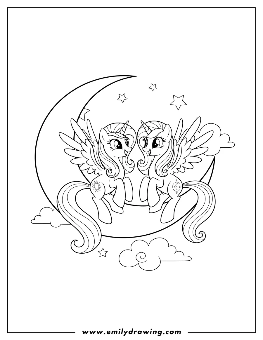 Printable coloring page of young Princess Celestia and Princess Luna playing, sitting on a crescent moon, smiling at each other