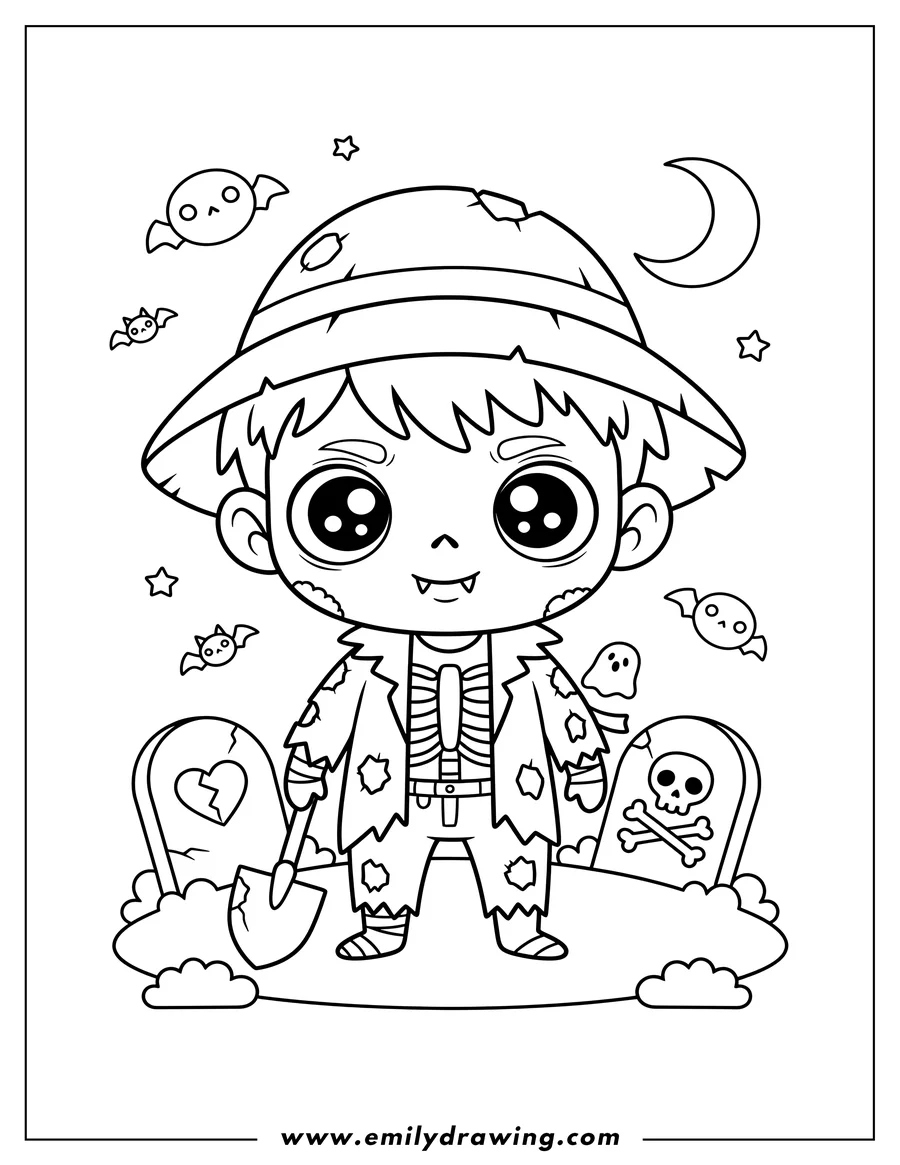 Vector style outline of kawaii Zombie Boy Graveyard, big eyed, tattered clothes, exposed ribs