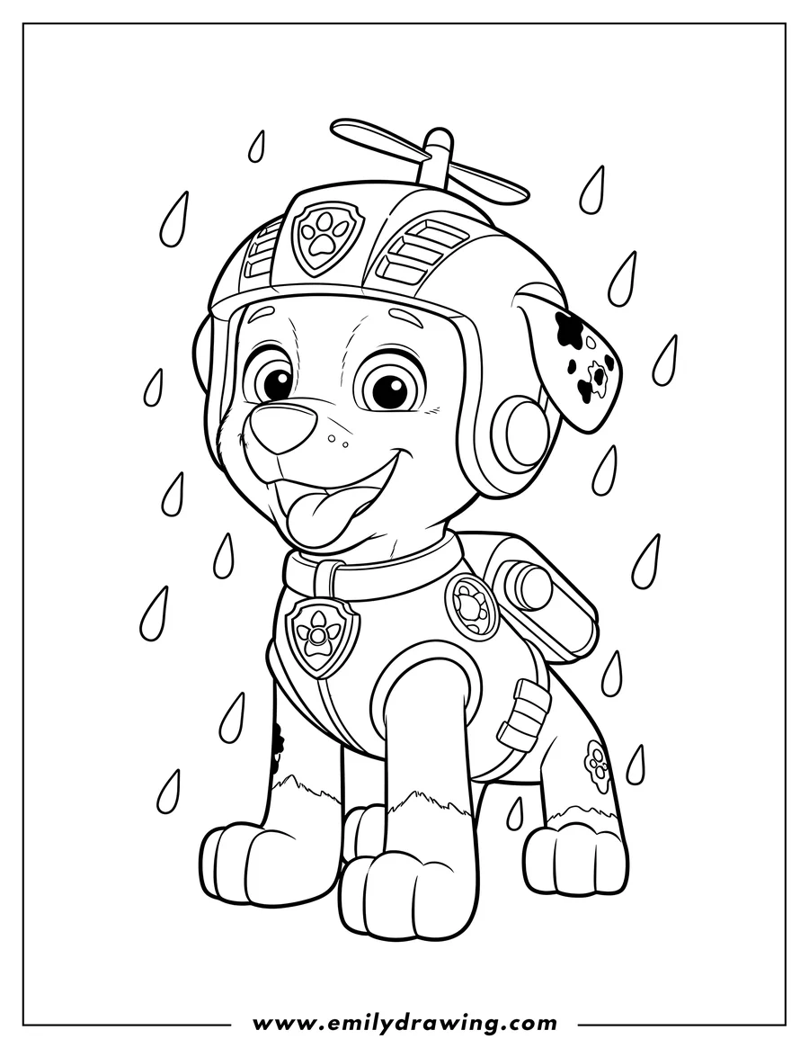 Outline drawing of zuma Water Rescue Dog From Paw Patrol smiling, wearing his helmet and harness, with raindrops, to color