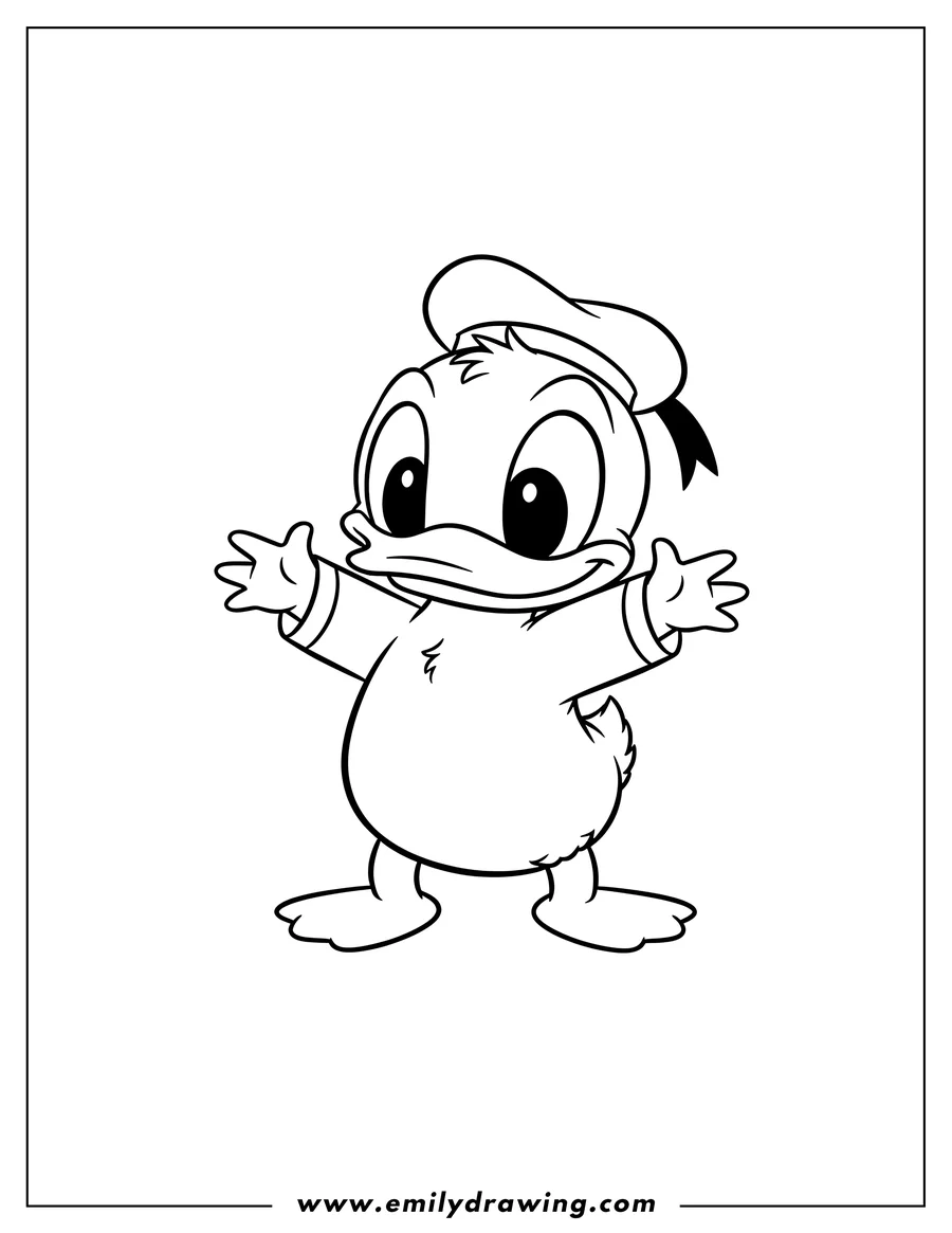 Coloring page for kids: kawaiii Baby Donald Duck wearing a hat, with big wide eyes and arms open wide