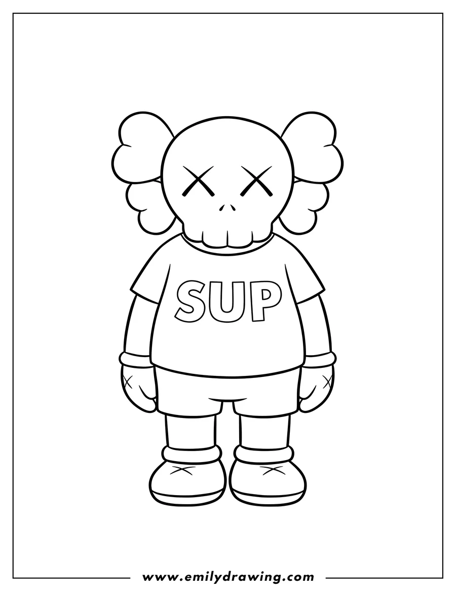 High quality printable kaws Companion Outline with X eyes and a 'Sup' shirt for coloring