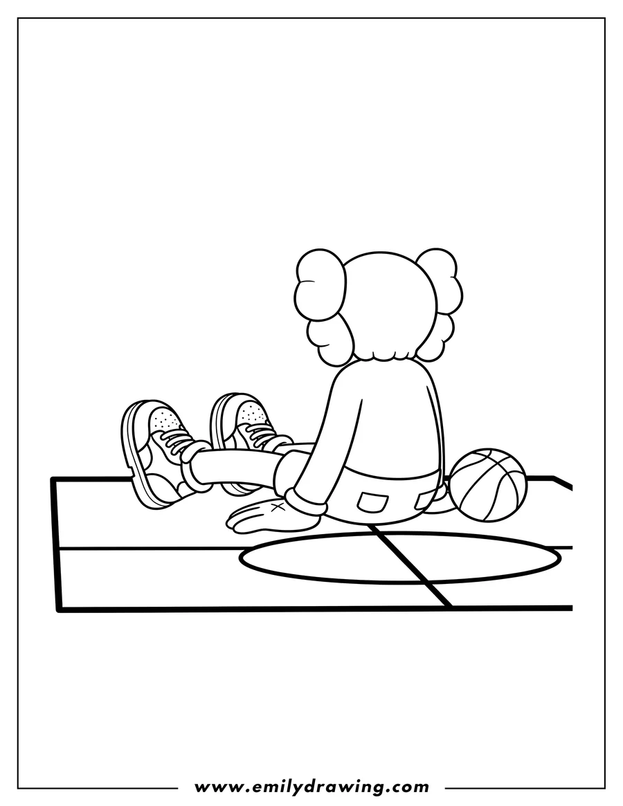 Downloadable coloring page of kaws Companion sitting on a basketball court with its back to the viewer, legs stretched out, wearing sneakers