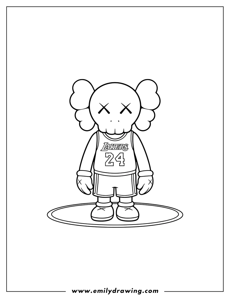 Coloring page of kaws Companion standing in Lakers jersey and shorts