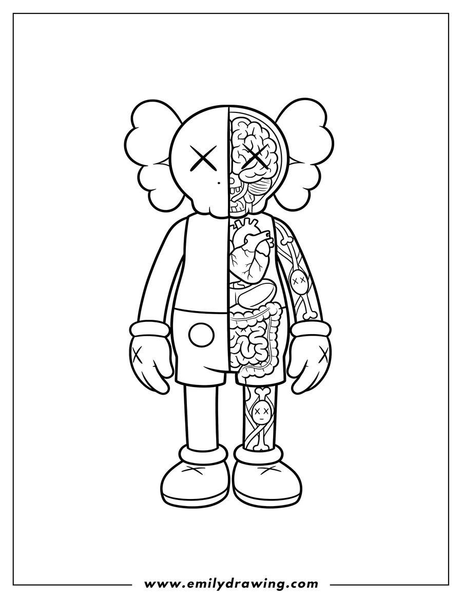 Outline drawing of kaws Dissected Companion standing with X eyes