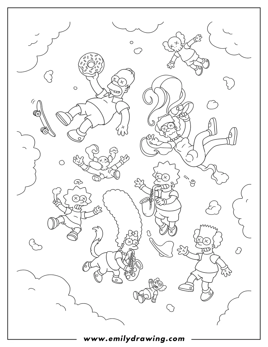 Clean line drawing: kaws Themed Simpsons family falling and flying chaotically