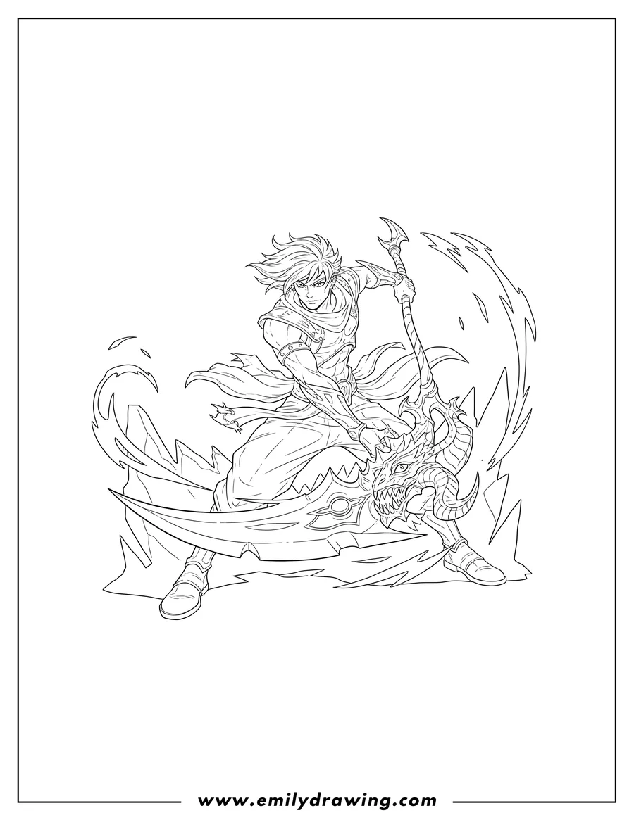 Free printable coloring sheet of league of Legends Kayn, the Shadow Reaper, wielding his scythe alongside Rhaast in an action pose