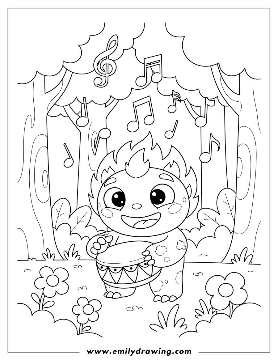 Free to print drawing of my Singing Monsters Kayna smiling in forest with musical notes