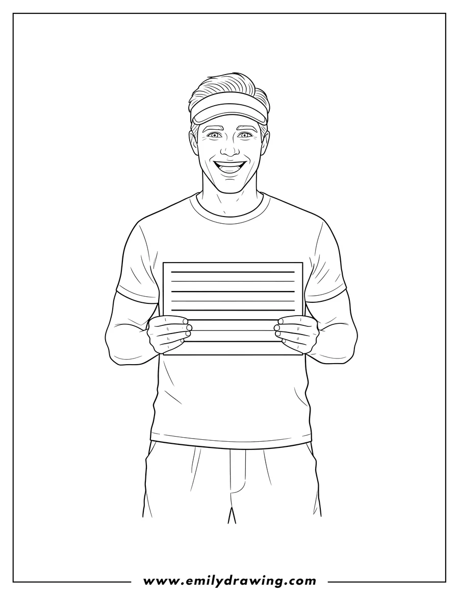 Coloring page for kids: ken from the Barbie Movie, broadly smiling, wearing a visor, and holding a mugshot board