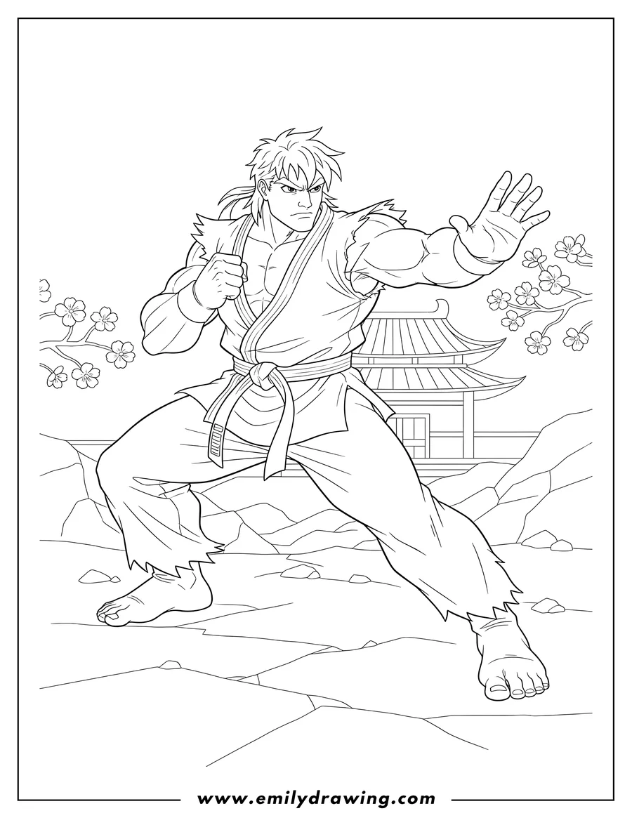 Full page coloring image of street Fighter Ken Masters in a fighting stance