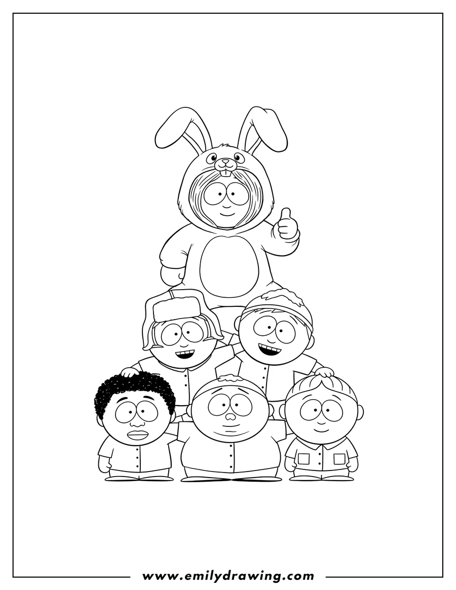 Printable coloring page of kenny in a bunny costume, Kyle, Stan, Tolkein, Eric, and Butters forming a smiling pyramid