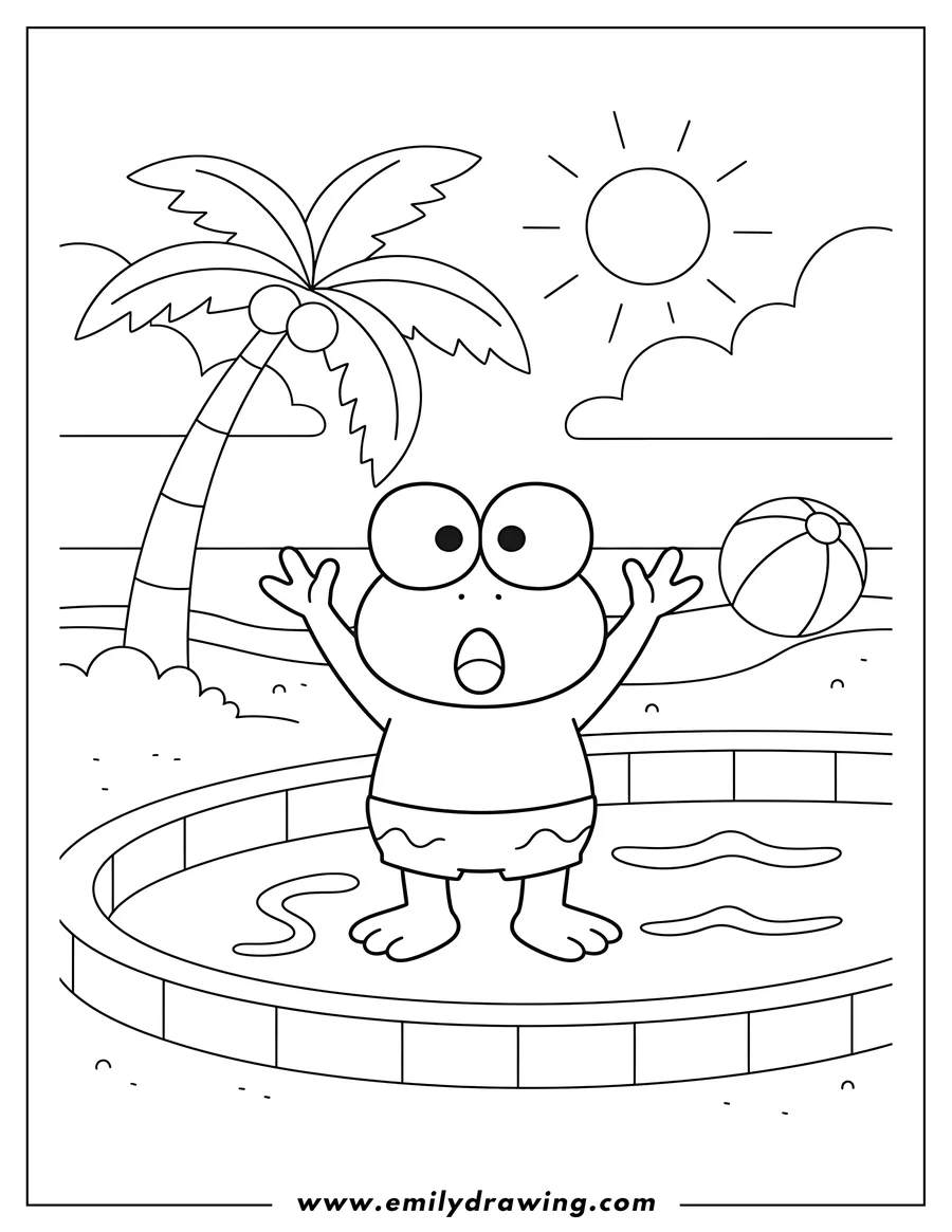 Outline drawing of keroppi At Beach, surprised with hands up at a pool