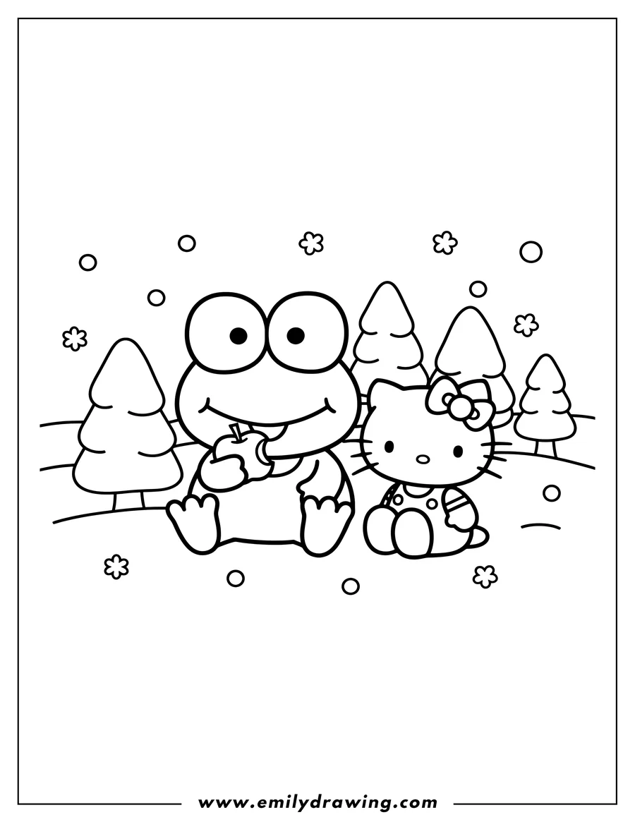 Coloring page of keroppi eating an apple with Hello Kitty sitting beside him in the snow