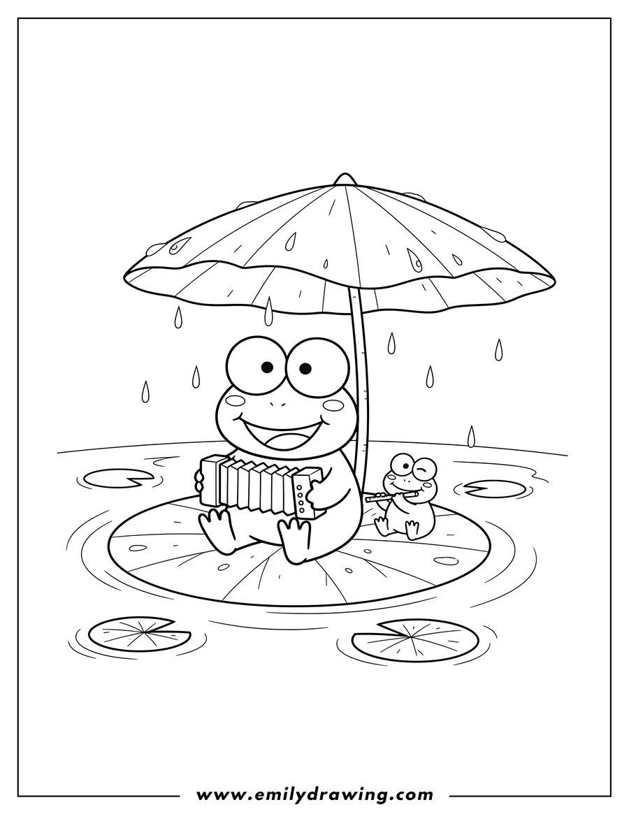 Free printable coloring sheet of keroppi playing music under a leaf umbrella with Kokero on a lily pad