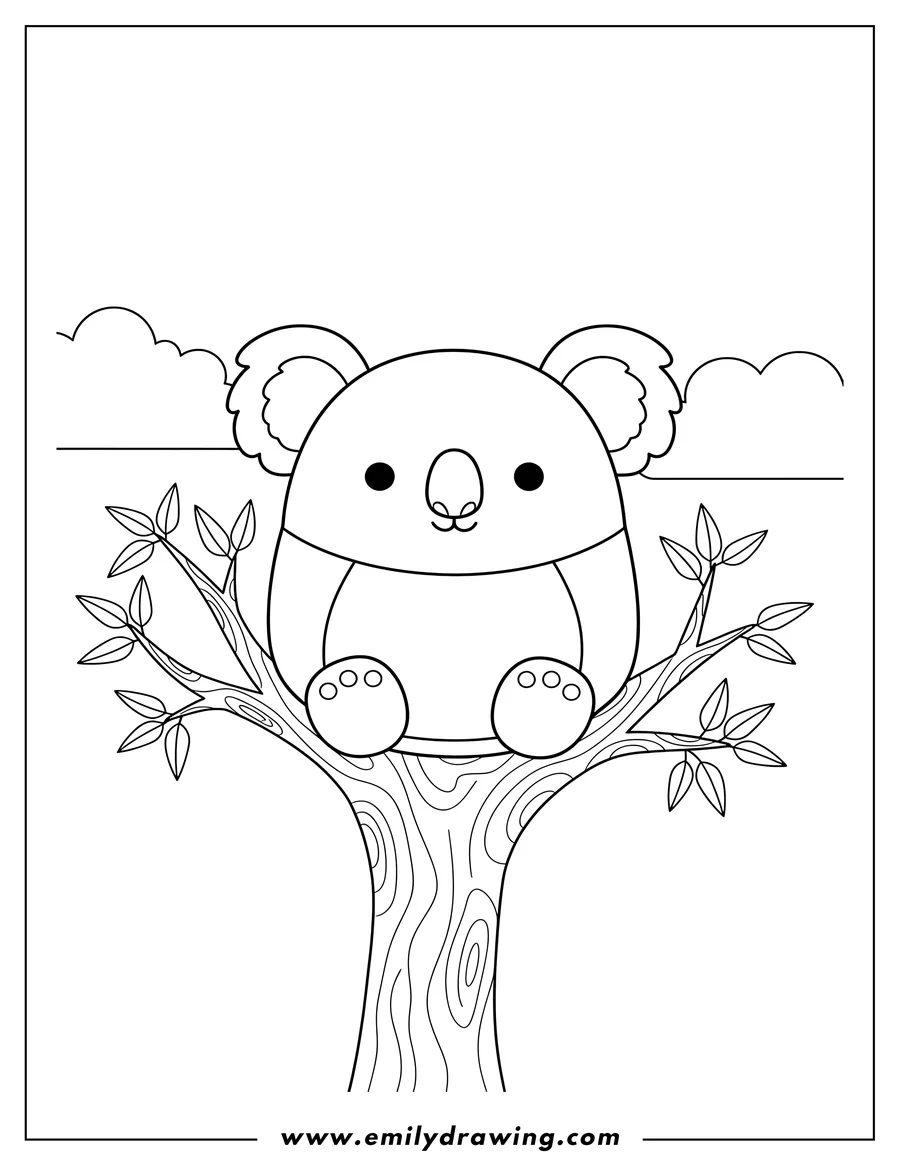 Free printable coloring sheet of kevin Koala Squishmallow in a tree coloring page