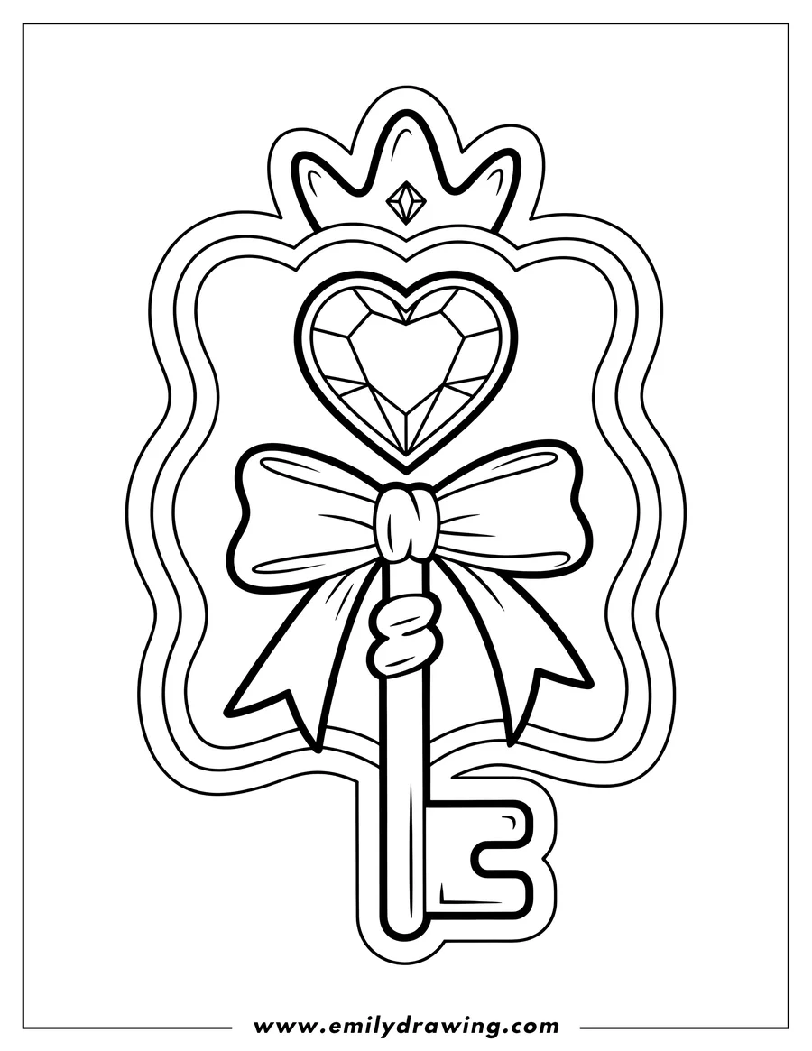 Line art of a decorative key with a heart-shaped gem at the top, a bow tied around its shaft, and a small crown detail above it.