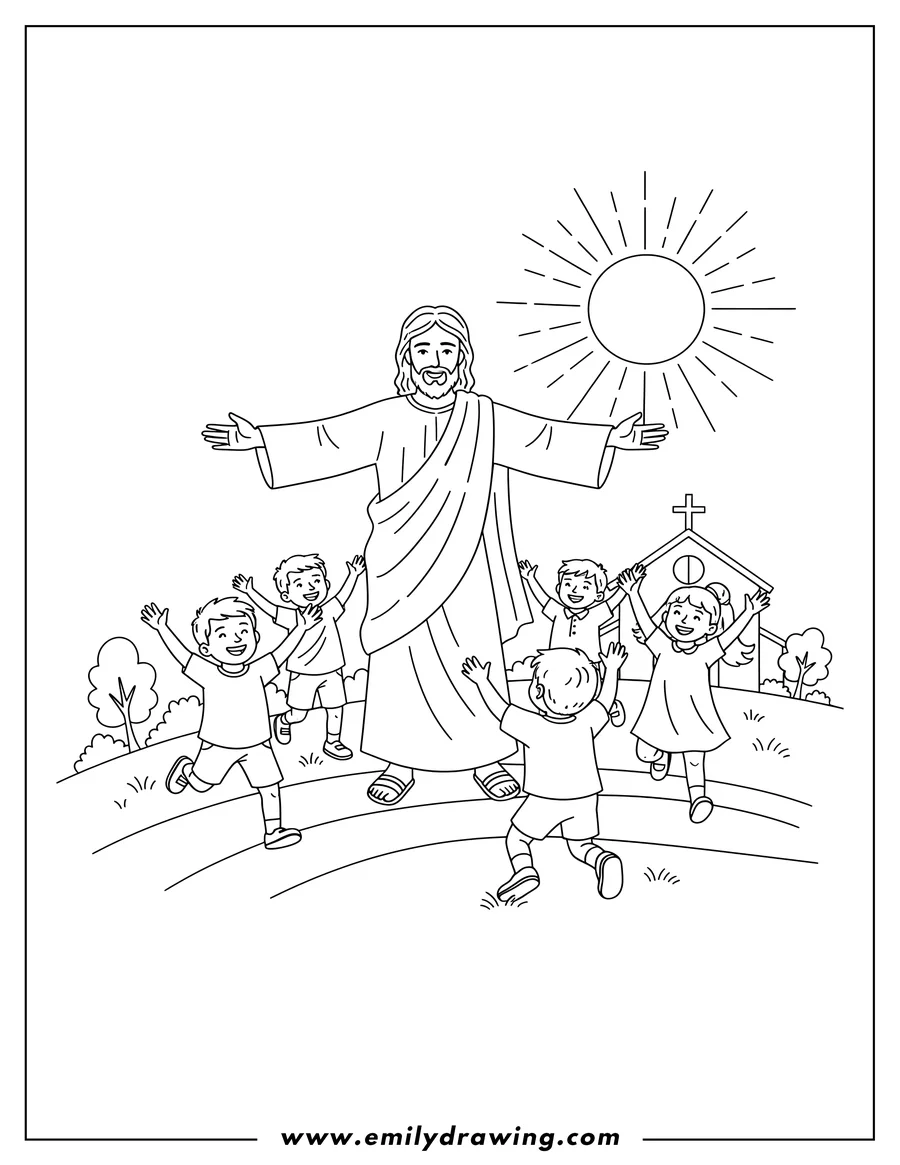 Downloadable coloring page of running To Jesus, with children reaching up to Jesus who has outstretched arms