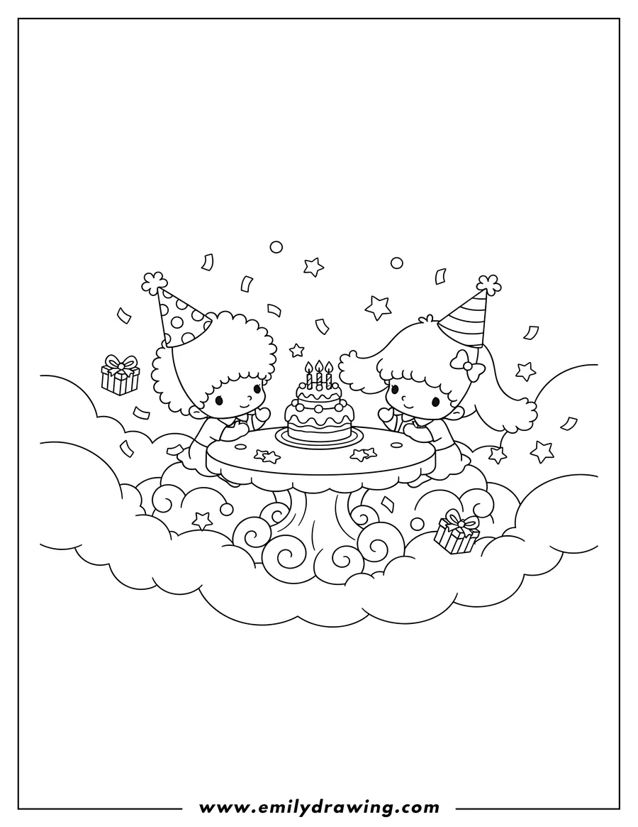 Linear illustration of kiki and Lala celebrating a birthday on clouds, sitting at a table with a cake and wearing party hats