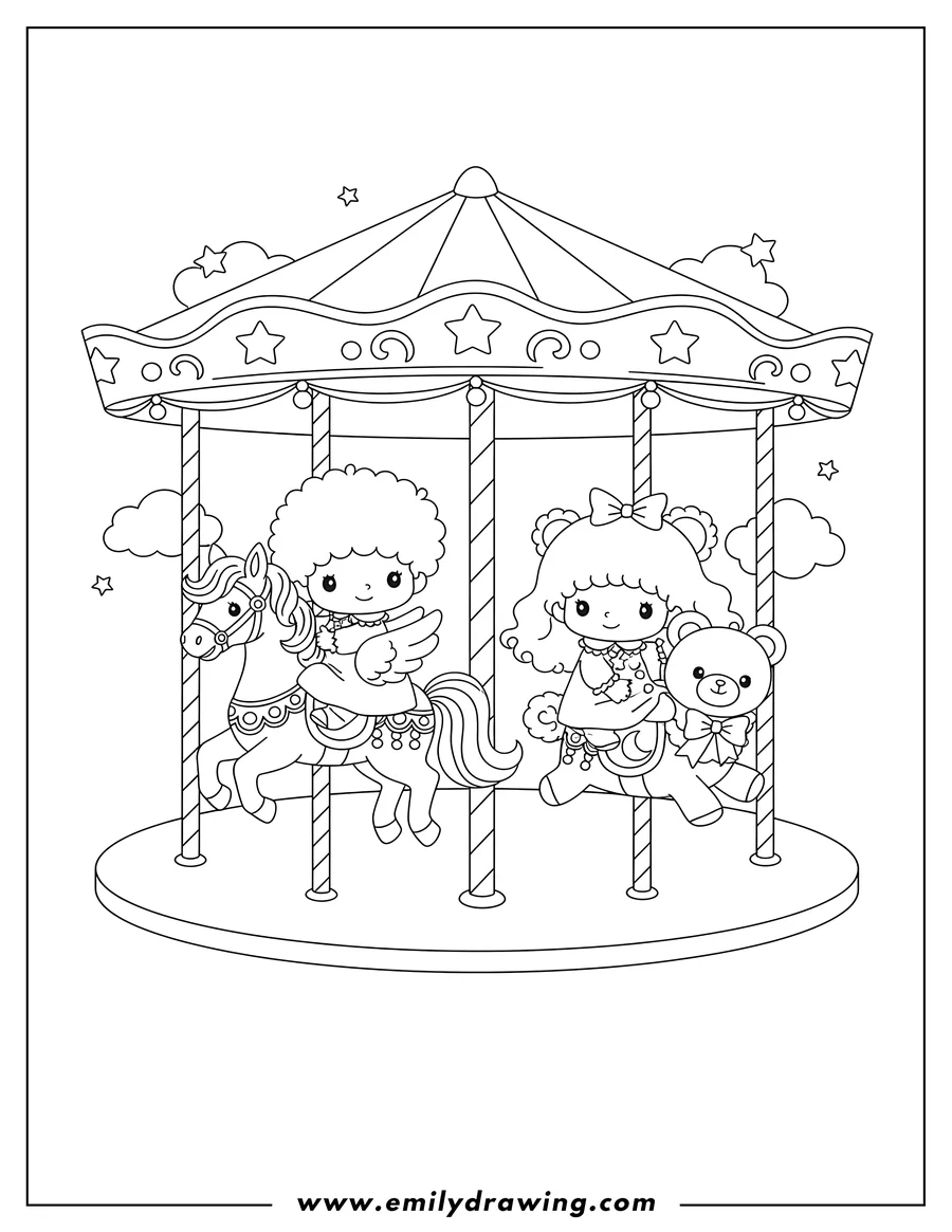 Printable line art of kiki and Lala riding a carousel horse and bear