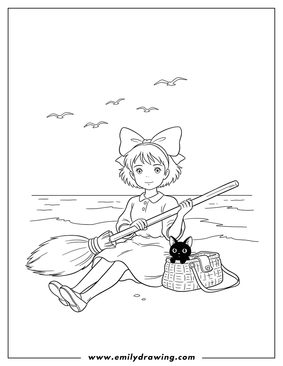 Coloring sheet featuring kiki from Kiki's Delivery Service sitting with Jiji in her bag, holding her broom, and seagulls flying over the ocean