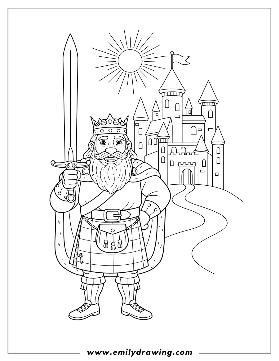 Free printable coloring sheet of king Angus Holding Sword Castle Brave, smiling and wearing a kilt