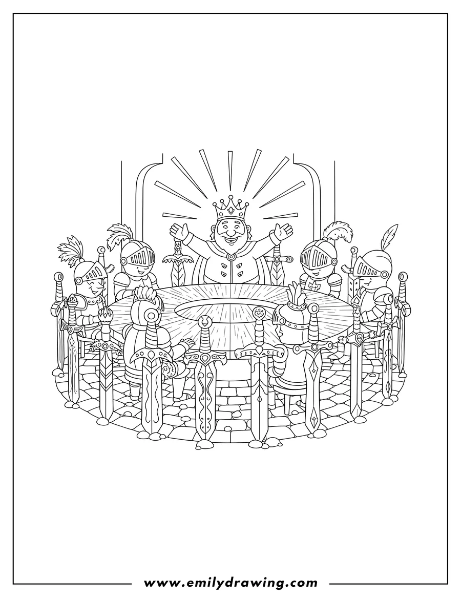 Black and white line art of king Arthur And Knights Round Table, with swords stuck in a circle