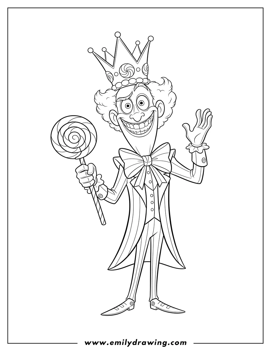 Coloring page of king Candy Smirking, wearing a crown and bow tie, holding a cane