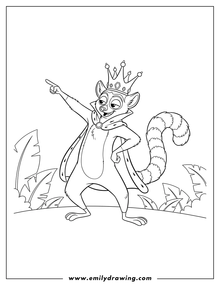 High quality printable king Julien Ring Tailed Lemur dancing and pointing with a crown for coloring
