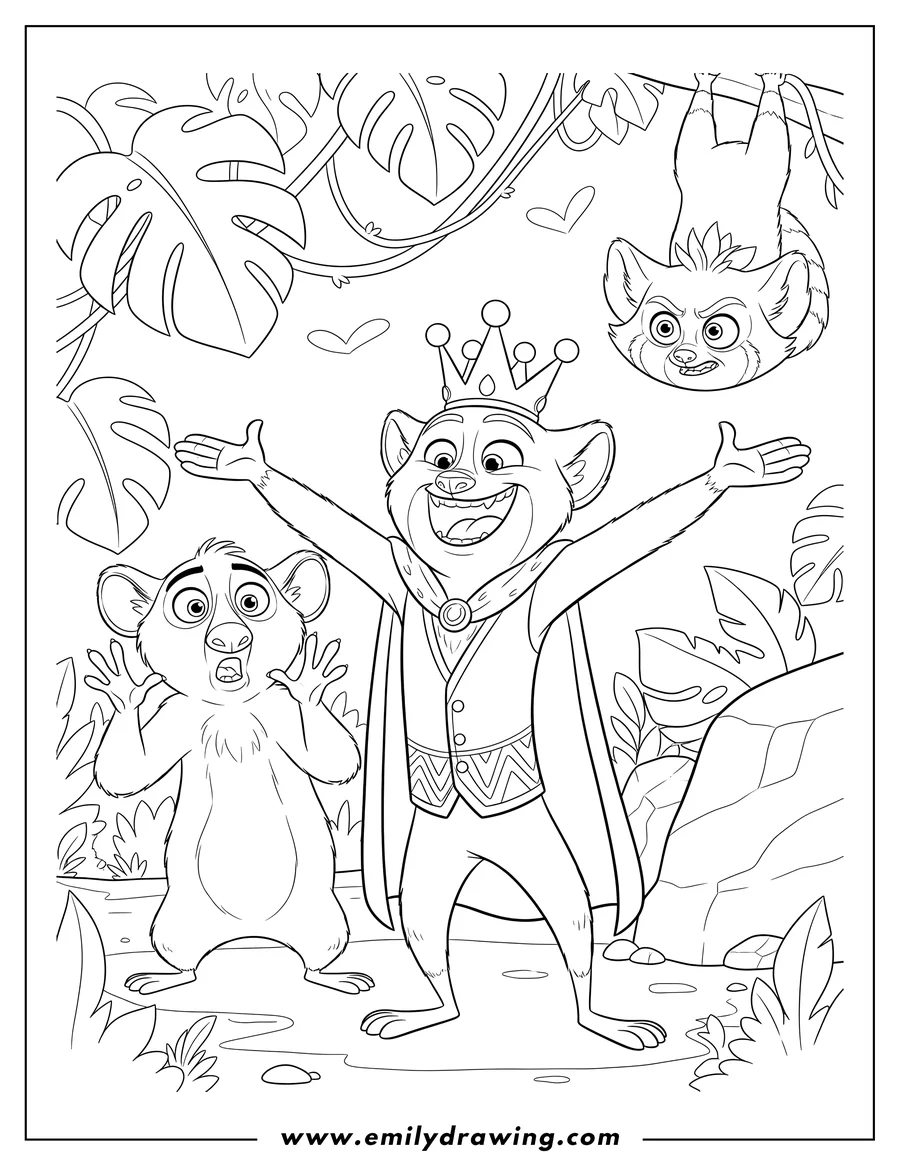 Coloring page for kids: king Julien, arms wide and laughing, with Maurice looking surprised, and Clover hanging upside down
