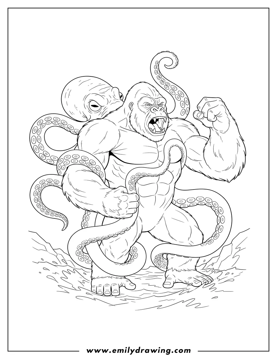 Downloadable coloring page of king Kong fighting a Monster Octopus with tentacles wrapped around him