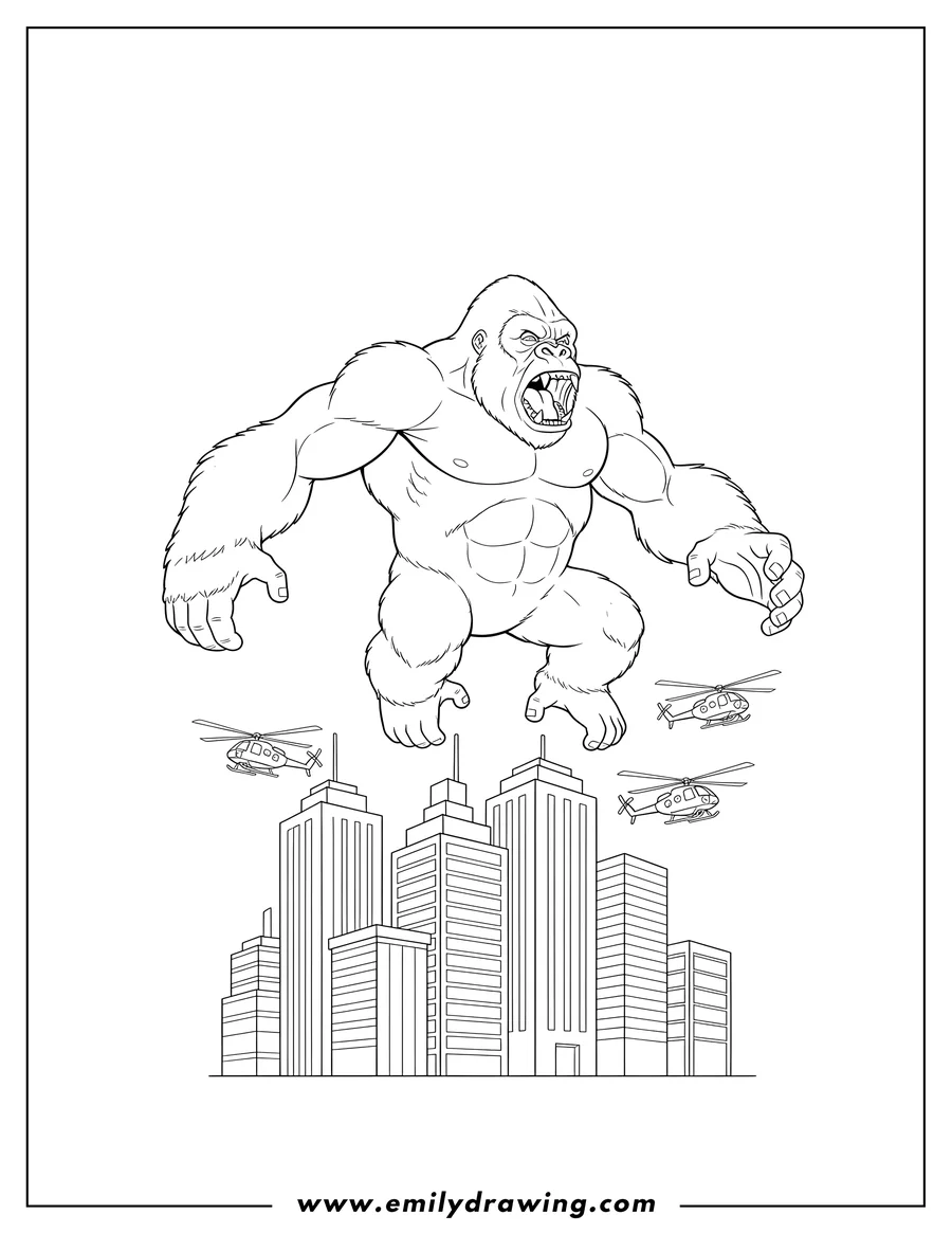 PDF style coloring page: king Kong roaring and leaping over buildings with military helicopters