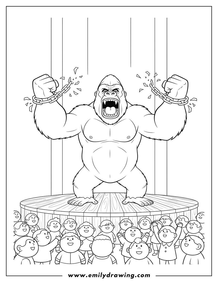 Simple sketch of king Kong roaring and breaking chains on a stage in front of a crowd to color