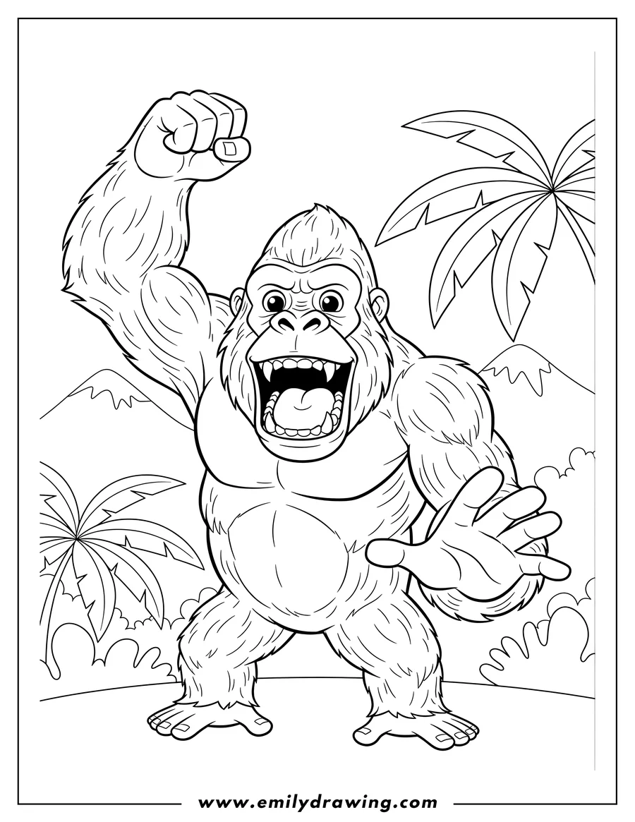 Outline drawing of king Kong roaring with his mouth open, one arm raised, and the other reaching out