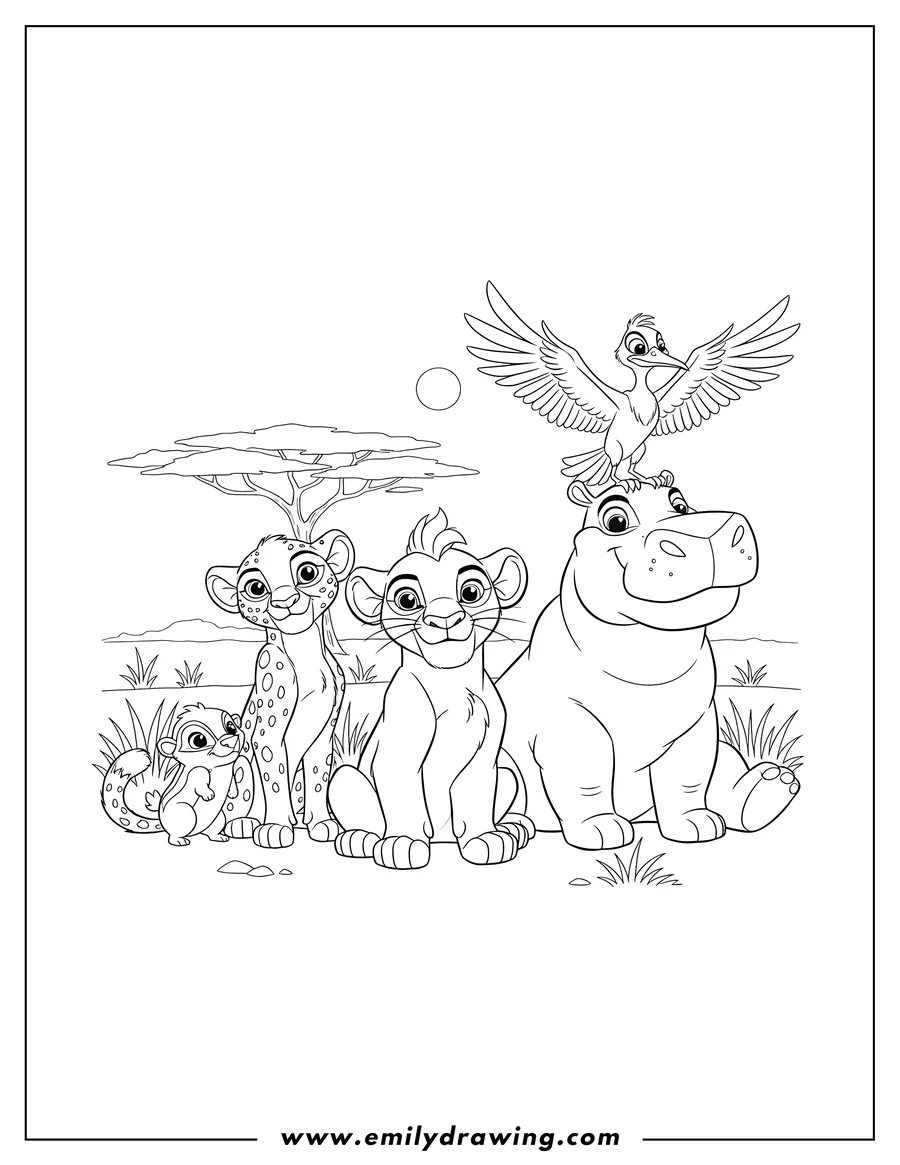 Free printable coloring sheet of kion, Fuli, Beshte, Ono, and Bunga sitting together, with Ono on Beshte's back