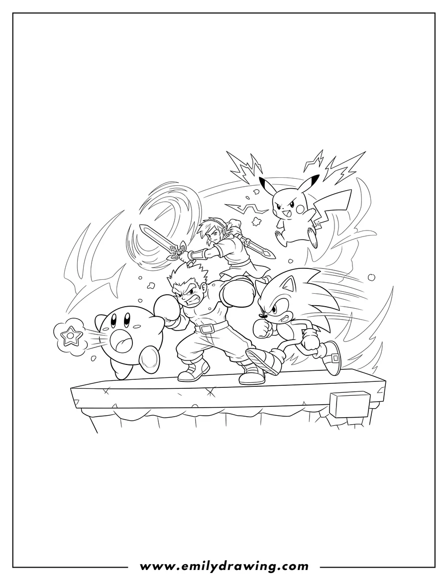 Vector style outline of kirby, Pikachu, Link, Sonic, and Little Mac battling in Super Smash Bros, with Sonic dashing, Kirby inhaling, and Pikachu sparking with electricity