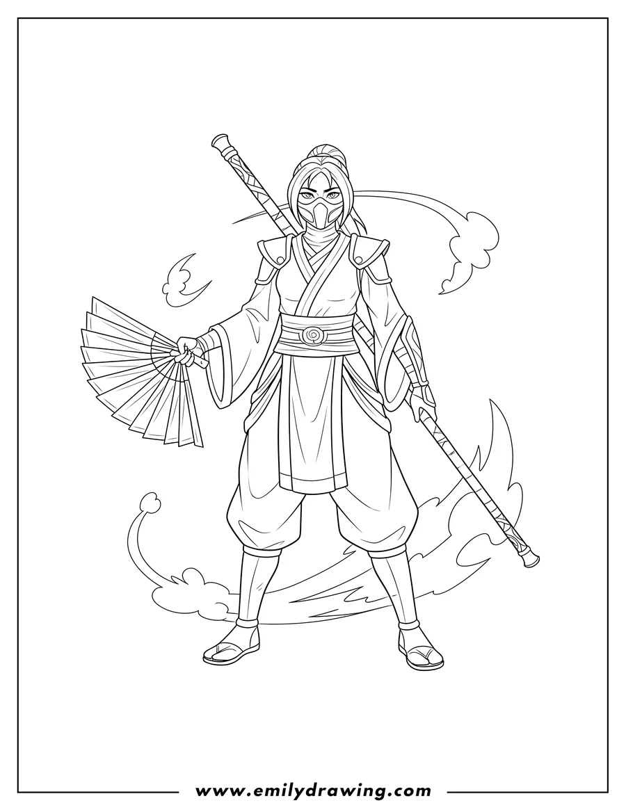 Outline drawing of mortal Kombat Kitana standing, wearing a mask, holding a fan blade and a staff