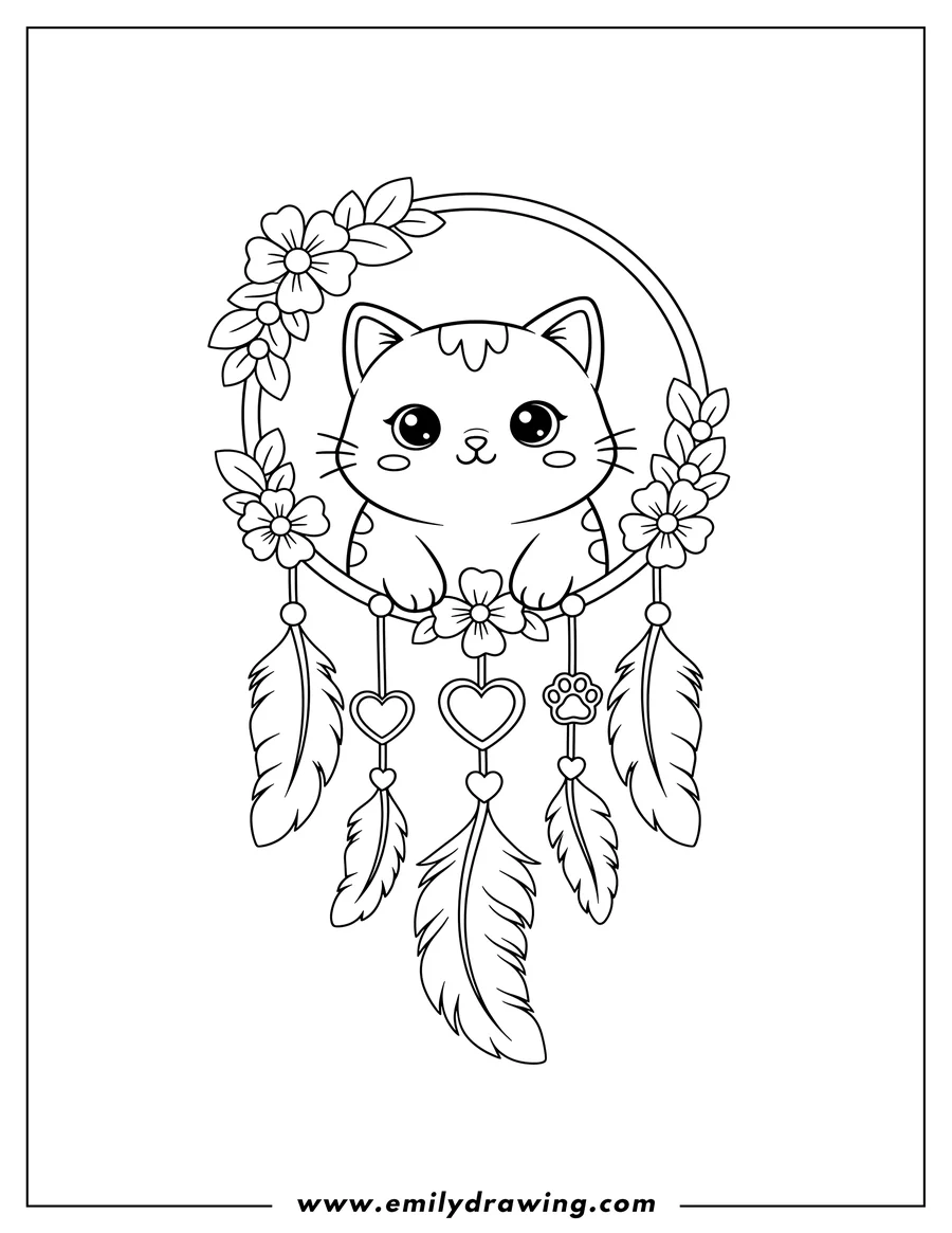 Free to print drawing of kawaii Kitten Dreamcatcher With Flowers And Paw Charms, with a smiling kitten peeking out from the hoop and hanging feathers