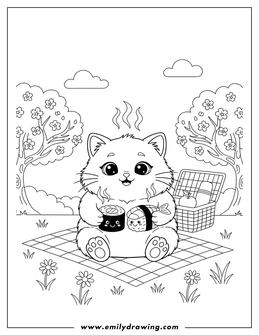 High quality printable fluffy kitten happily holding sushi on a picnic for coloring