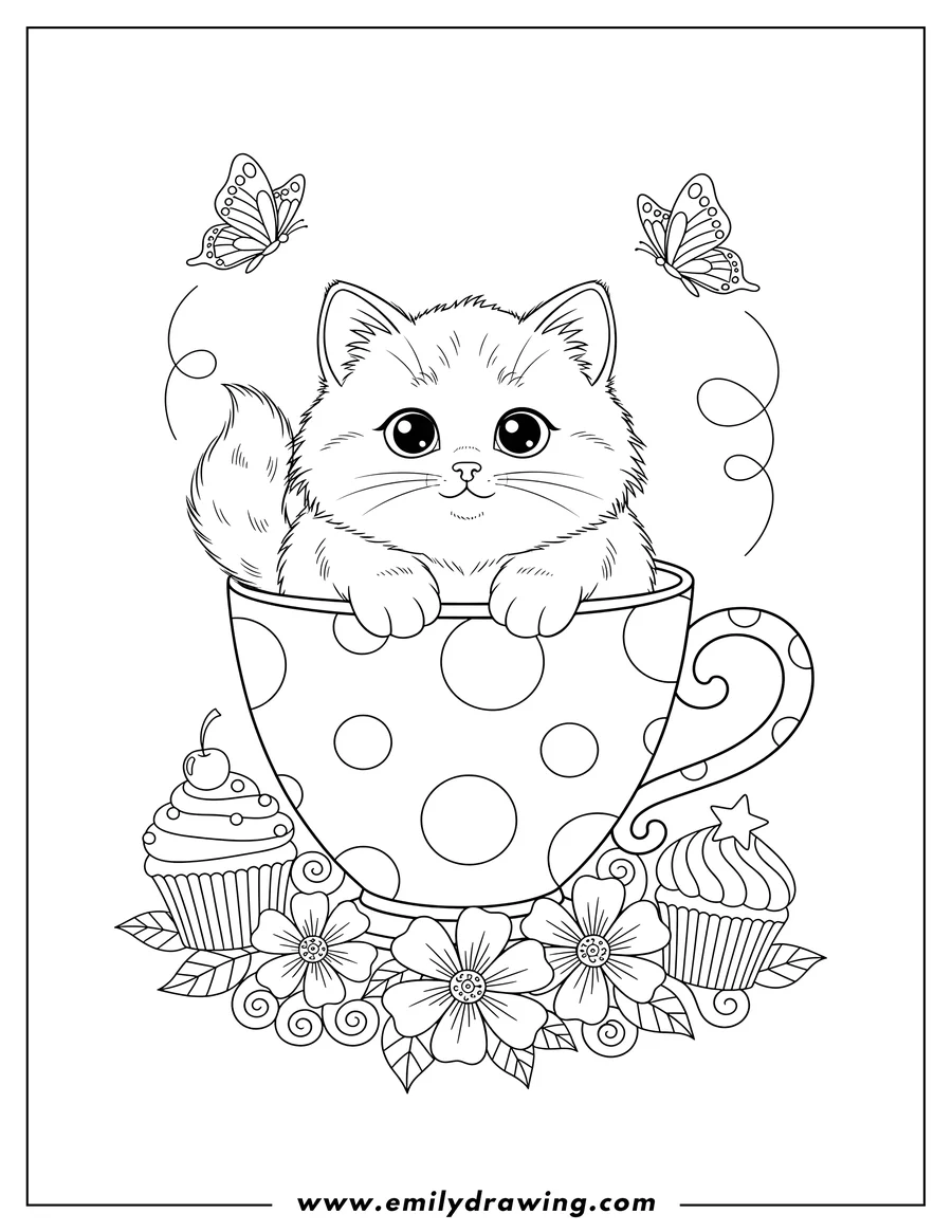 Downloadable coloring page of kitten sitting in a polka dot teacup with paws on the rim, surrounded by flowers, two cupcakes, and two flying butterflies