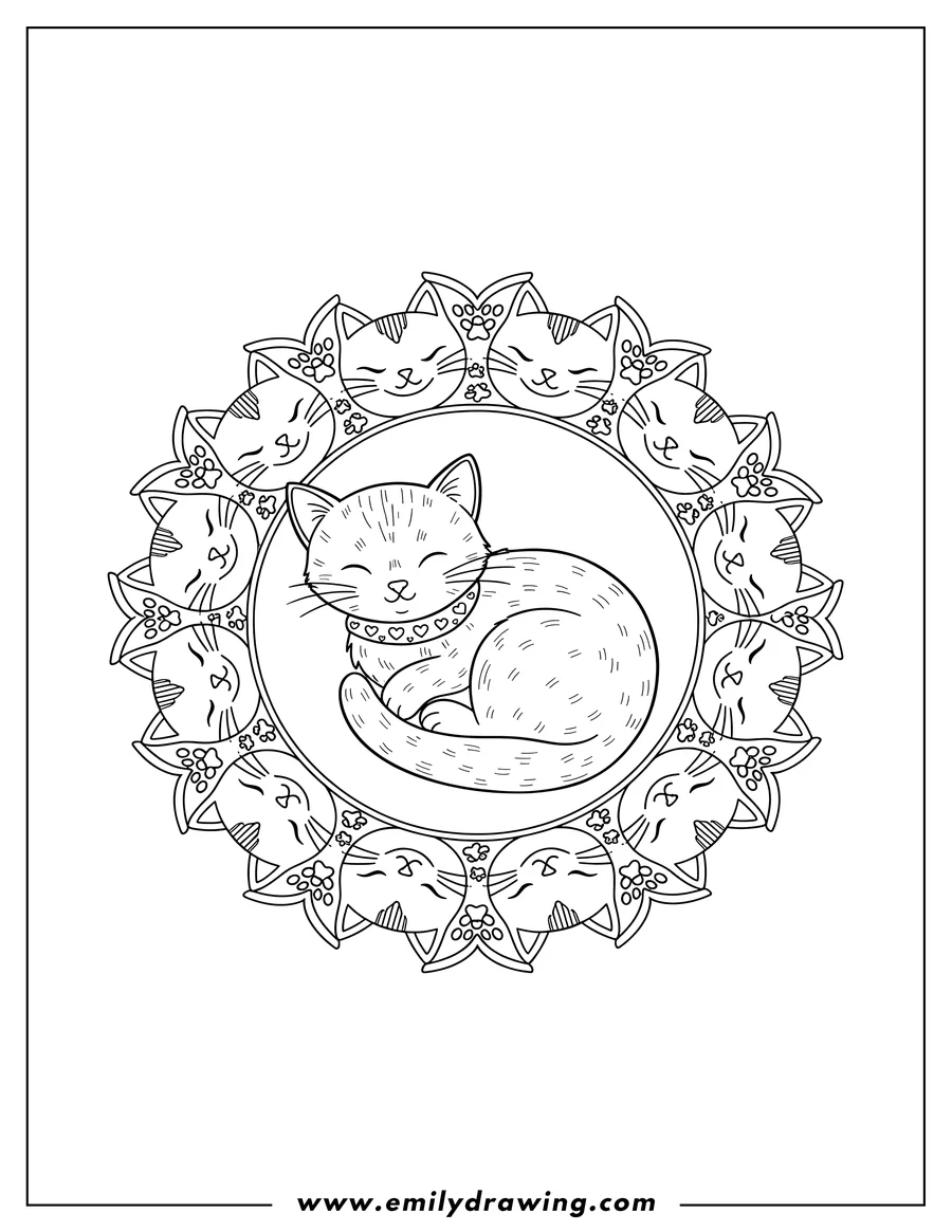 Coloring page of kitten With Collar Inside a Mandala featuring cute sleeping cat heads and paw prints