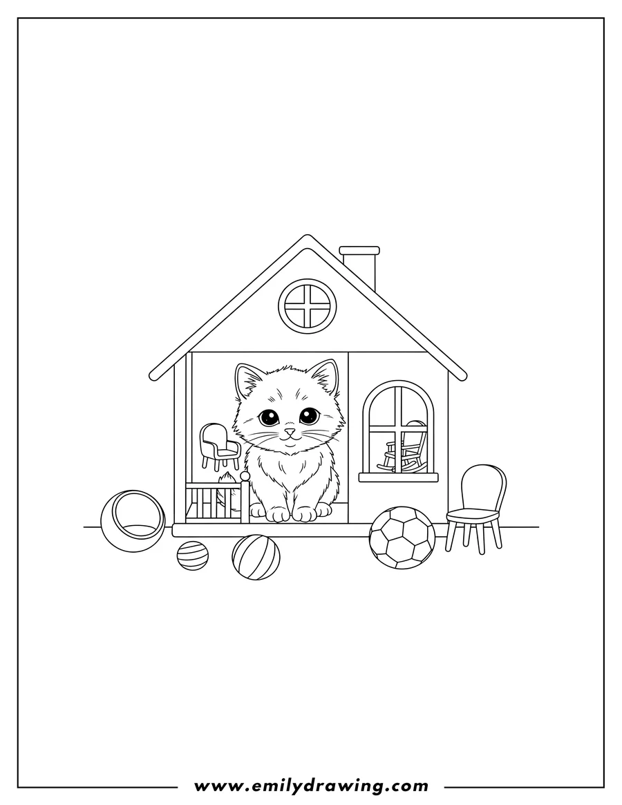 Coloring page of tiny kitten sitting inside a toy house with chairs, and balls outside