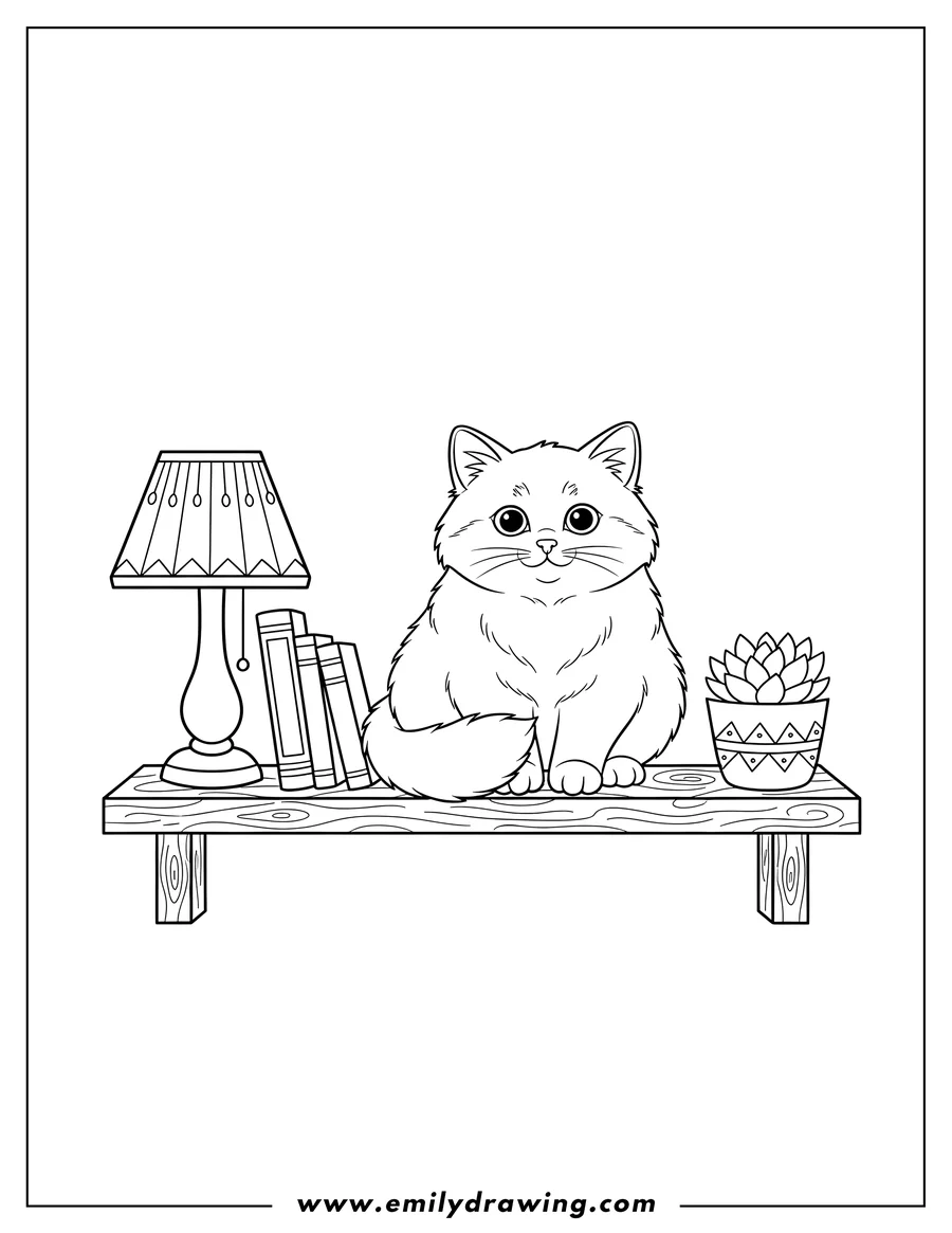 Linear illustration of fluffy kitten sitting on a bookshelf next to a lamp, looking forward