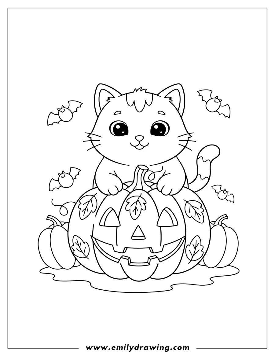Downloadable coloring page of simple Kitten with front paws on a carved Jack O Lantern Preschoolers