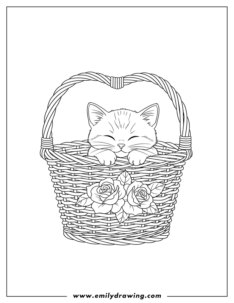 Simple sketch of calm kitten with paws resting on the edge of a wicker basket, which has a heart-shaped handle and two roses to color