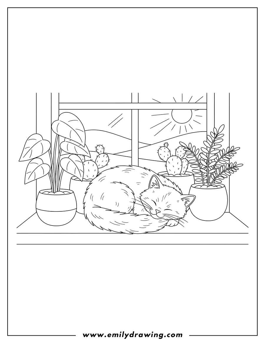 Free printable coloring sheet of curled up kitten sleeping on a windowsill with potted plants