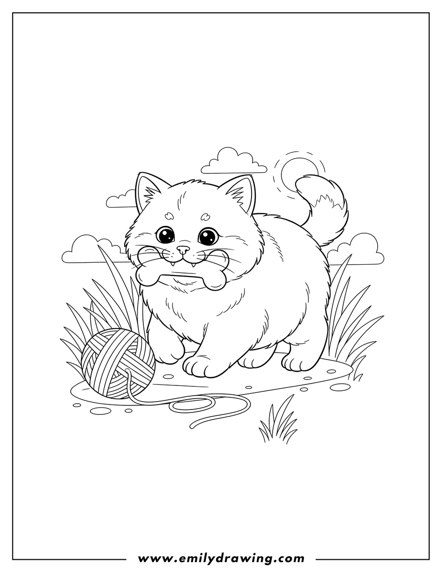PDF style coloring page: fluffy kitten walking in grass with a bone and yarn ball