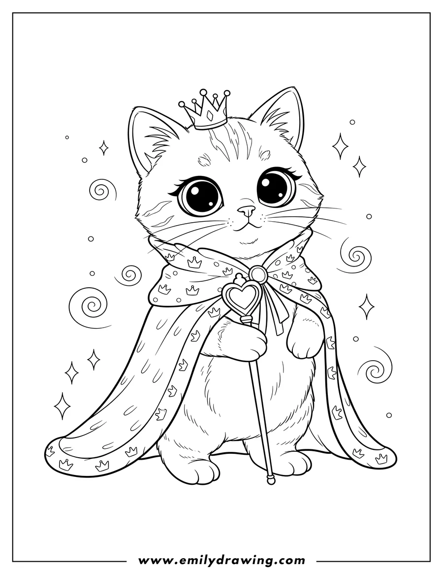 High quality printable kitten with big eyes wearing a royal cape, standing for coloring