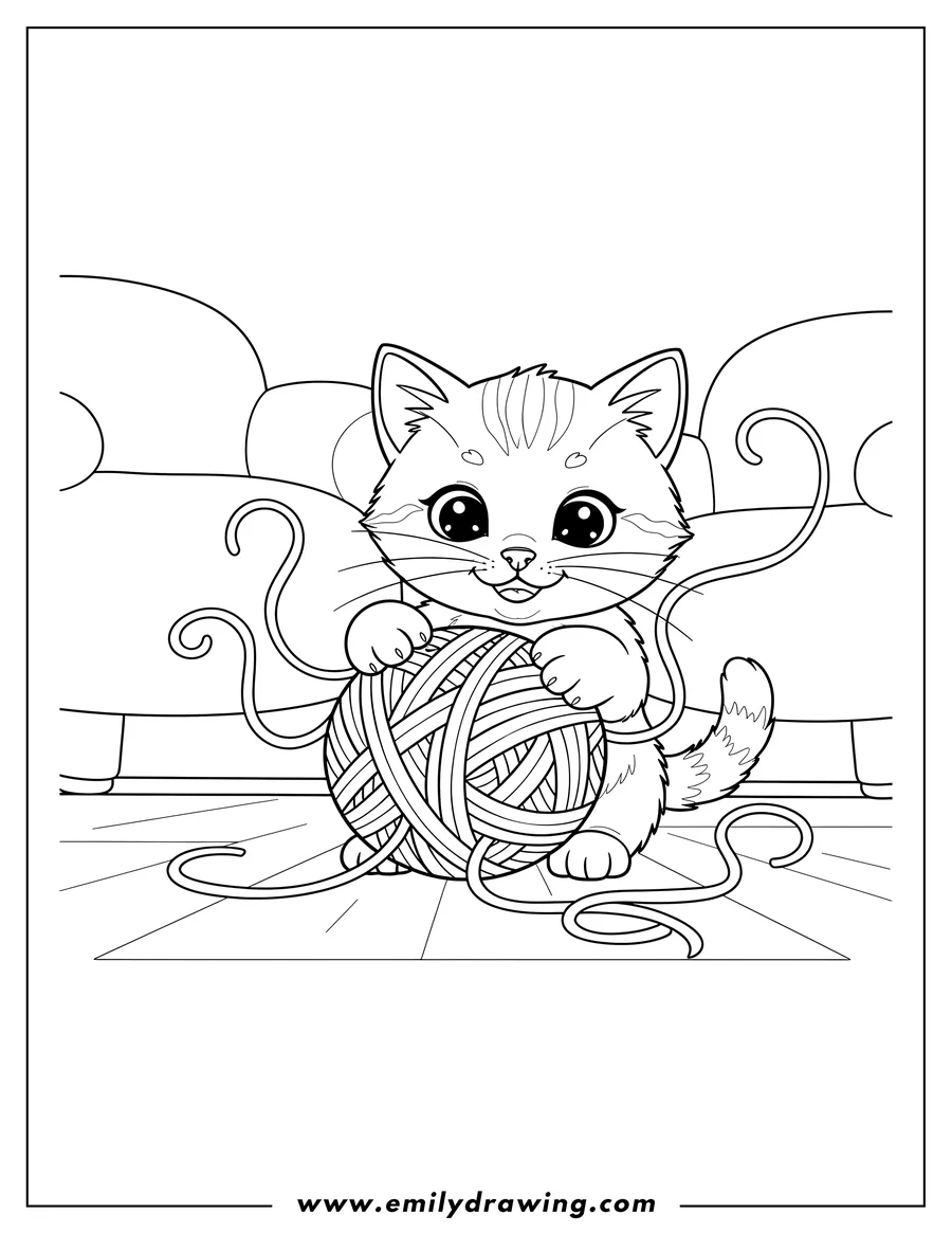 Free to print drawing of little Kitten batting at a large ball of yarn, looking playful